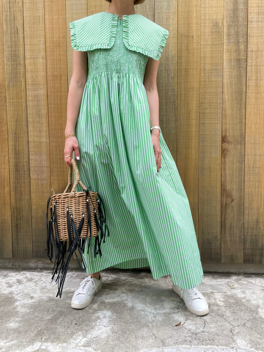 ビッグカラー シャーリング ワンピース - Green Stripe - Big Collar Shirring Dress - Green  Stripe - – Mollies Studio