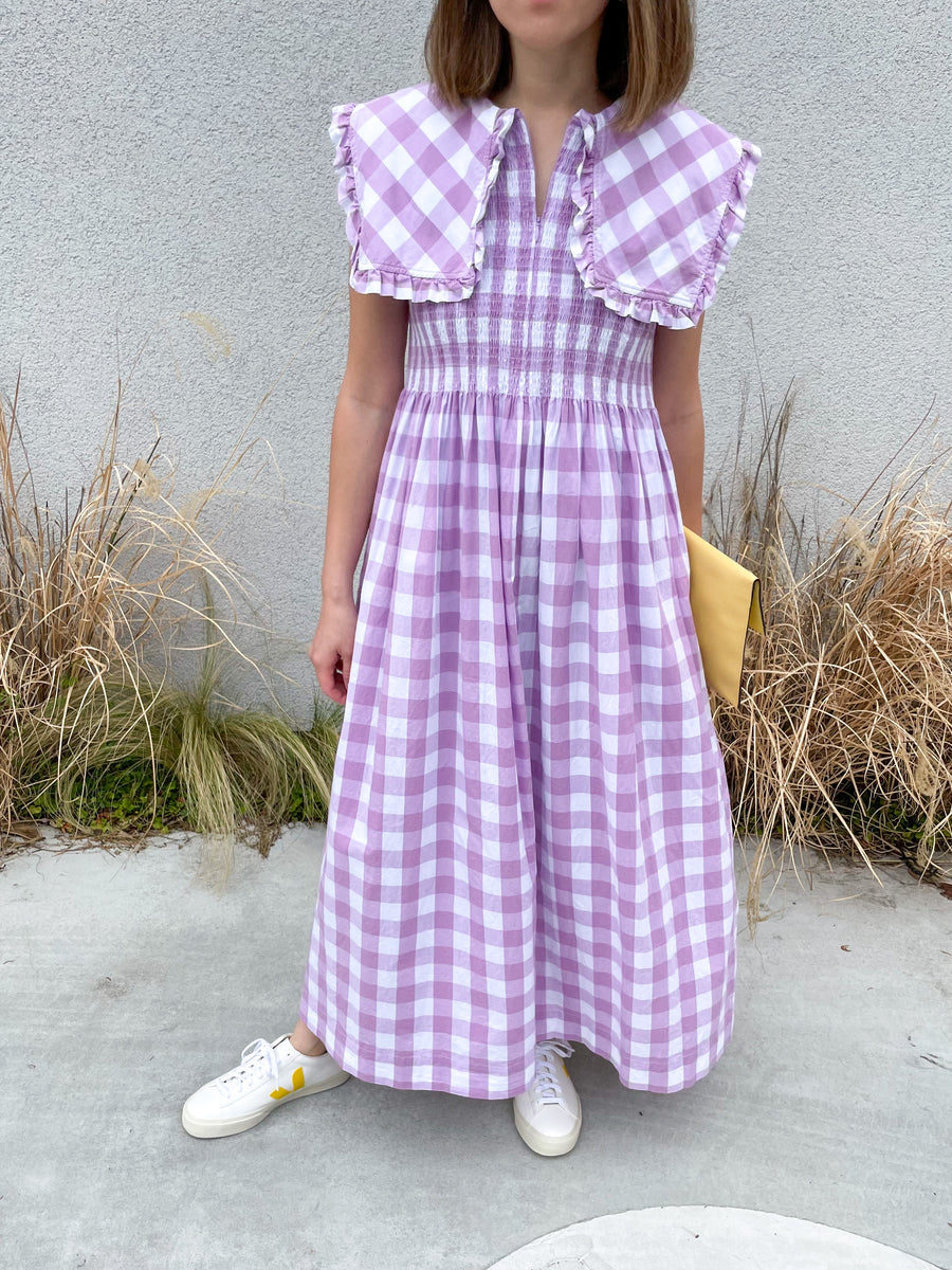 ビッグカラー シャーリング ワンピース - Purple Gingham - Big Collar