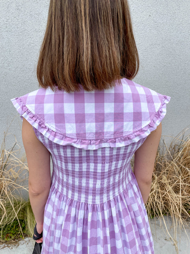 ビッグカラー シャーリング ワンピース - Purple Gingham - Big Collar